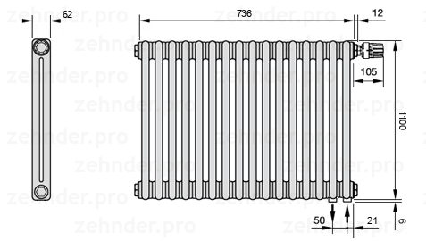 Схема (чертеж) Радиатор Zehnder Charleston 2110/16 №V002 Белый глянцевый RAL 9016